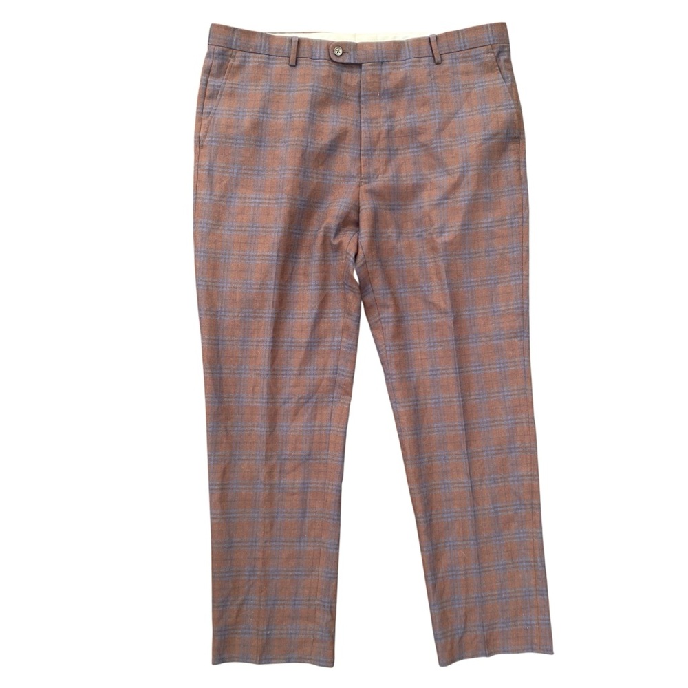 Joseph Abboud Pants Wool Mens 39 Brown Blue Plaid Pattern Flat Front Straight